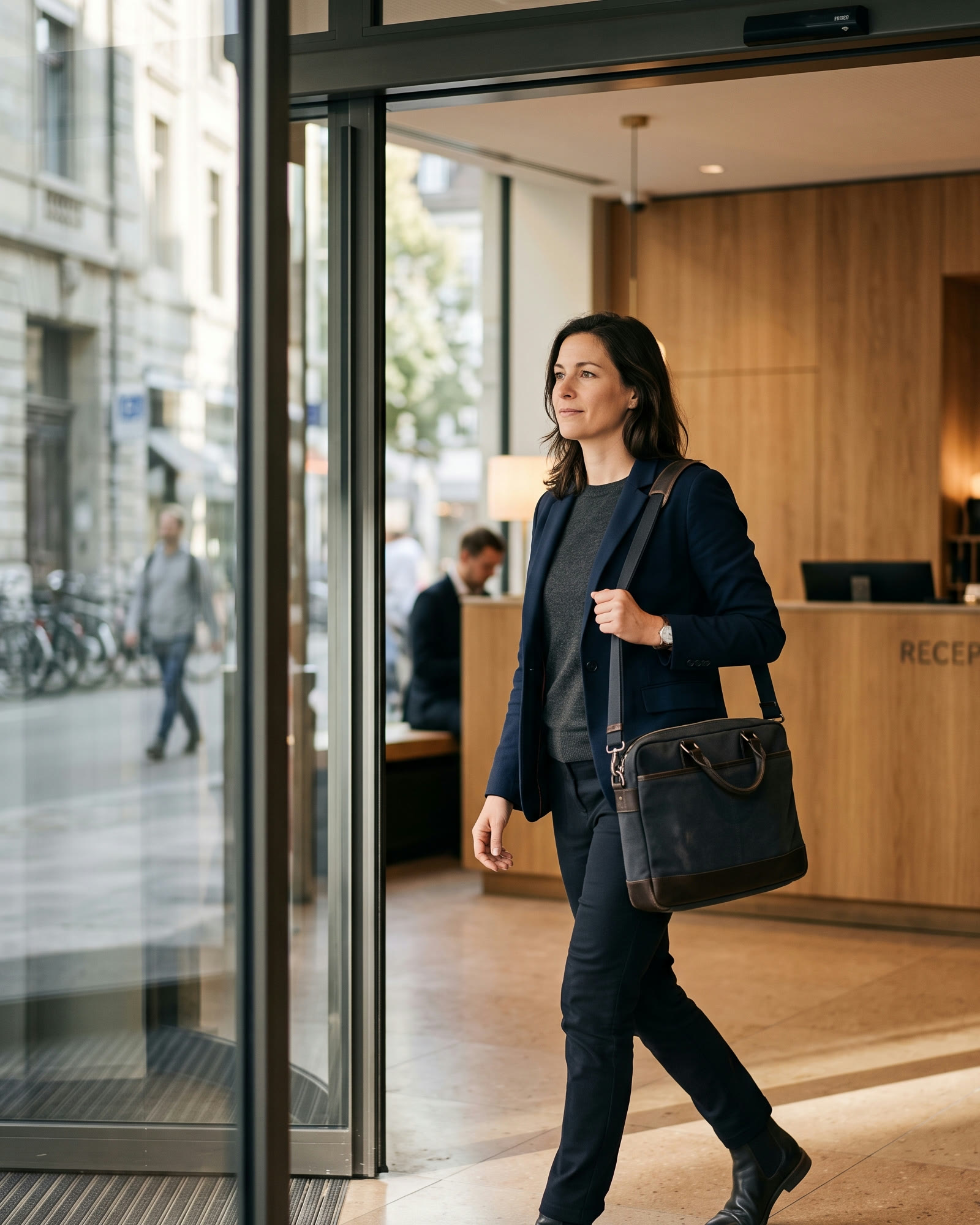 A finance manager leaving a European venue after a business trip