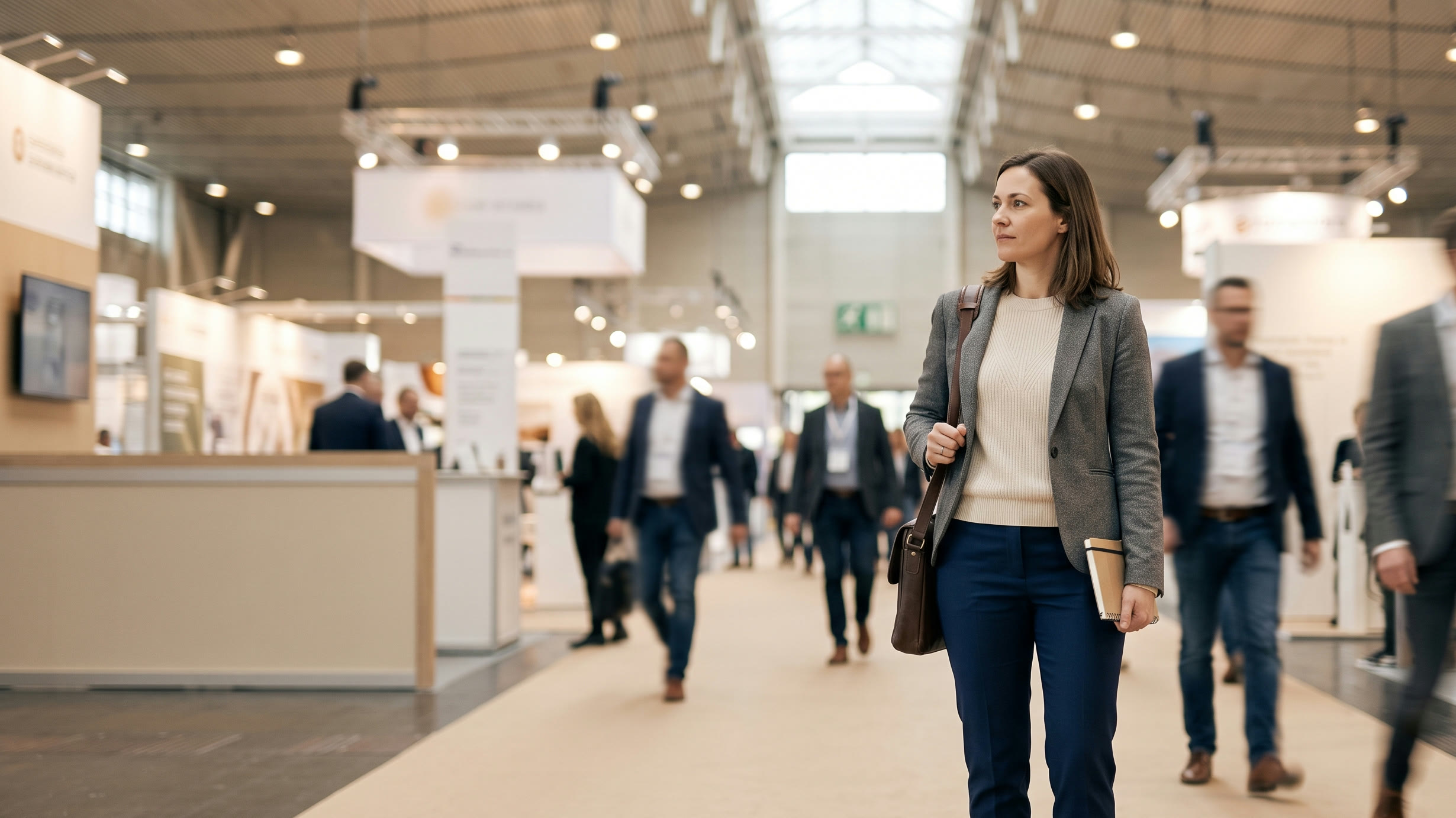 A finance manager standing still while the office moves around her